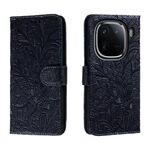 Custodia per cellulare in pelle con vibrazione in rilievo con fiori in pizzo per vivo iQOO 12 (blu scuro)