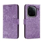 Custodia per cellulare in pelle con vibrazione in rilievo con fiori in pizzo per vivo iQOO 12 Pro (viola)