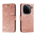 Custodia per telefono in pelle con vibrazione in rilievo con fiore in pizzo per vivo iQOO 12 Pro (oro rosa)