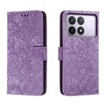 Per Xiaomi Redmi K70 Custodia per telefono in pelle con vibrazione in rilievo con fiori in pizzo (viola)