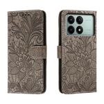 Per Xiaomi Redmi K70E Custodia per telefono in pelle con vibrazione in rilievo con fiori in pizzo (grigio)