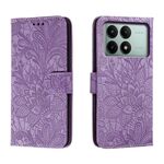 Custodia per cellulare in pelle con vibrazione in rilievo con fiori in pizzo per Xiaomi Redmi K70E (viola)