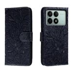 Per Xiaomi Redmi K70E Custodia per telefono in pelle con vibrazione in rilievo con fiori in pizzo (blu scuro)