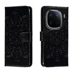 Custodia in pelle per telefono con motivo in rilievo Sun Mandala per vivo iQOO 12 Pro (nera)
