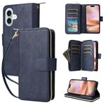 Per iPhone 16 Plus 9 slot per schede Custodia a portafoglio con cerniera Custodia in pelle per telefono (blu)