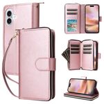 Per iPhone 16 Plus 9 slot per schede Custodia a portafoglio con cerniera Custodia in pelle per telefono (oro rosa)