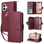 Per iPhone 16 Plus 9 slot per schede Custodia a portafoglio con cerniera Custodia in pelle per telefono (vino rosso)