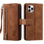 Per Xiaomi Redmi 13 4G Custodia per telefono in pelle con cerniera per nove carte con cordino (marrone)