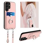 Per Samsung Galaxy S22 Ultra 5G R20 Custodia per telefono con anello a tracolla e carta (rosa)