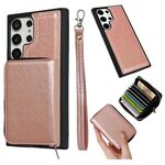 Per Samsung Galaxy S22 Ultra 5G Custodia per telefono con cerniera in tinta unita con 11 slot per schede e cordino (oro rosa)