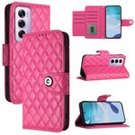 Per OPPO Reno12 Pro 5G Global Rhombic Texture Flip Custodia in Pelle per Telefono con Lanyard (Rosso Rosa)