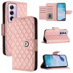 Per OPPO Reno12 Pro 5G Global Rhombic Texture Flip Custodia in Pelle per Telefono con Lanyard (Rosa Corallo)