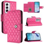 Per OPPO Reno12 5G Global Rhombic Texture Flip Custodia in Pelle per Telefono con Lanyard (Rosso Rosa)