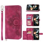 Custodia a portafoglio in pelle per Samsung Galaxy Z Fold6 Skin Feel con fiori in rilievo (vino rosso)