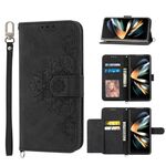Per Samsung Galaxy Z Fold6 Custodia in pelle con motivo floreale in rilievo (nero)