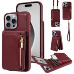 Per iPhone 16 Pro Max Crossbody Lanyard Zipper Wallet Custodia per telefono in pelle (rosso vino)