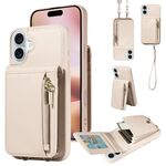 Per iPhone 16 Plus Crossbody Lanyard Zipper Wallet Custodia per telefono in pelle (beige)