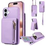 Per iPhone 16 Plus Custodia per telefono in pelle con cordino e cerniera a tracolla (viola)