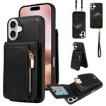 Per iPhone 16 Plus Custodia per telefono in pelle con cerniera e cordino a tracolla (nero)
