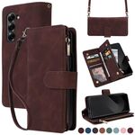 Per Samsung Galaxy Z Fold6 5G Custodia a tracolla con cerniera in pelle con slot multi-carta (caffè)