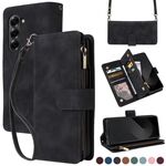 Per Samsung Galaxy Z Fold6 5G Custodia a tracolla con cerniera in pelle con slot multi-card (nero)