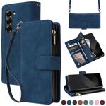 Per Samsung Galaxy Z Fold6 5G Custodia a tracolla con cerniera in pelle con slot multi-carta (blu scuro)