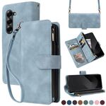 Per Samsung Galaxy Z Fold6 5G Custodia a tracolla con cerniera in pelle con slot multi-carta (azzurro chiaro)