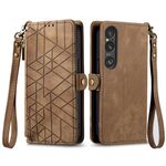 Per Sony Xperia 1 VI Custodia per cellulare in pelle con cerniera geometrica e fibbia laterale (marrone)