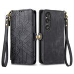 Per Sony Xperia 10 VI Custodia per telefono in pelle con cerniera geometrica a portafoglio con fibbia laterale (nera)