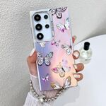 Per Samsung Galaxy S22 Ultra 5G Custodia per telefono con farfalla laser galvanica con cinturino da polso (farfalle rosa AB2)