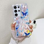 Per Samsung Galaxy S22 Ultra 5G Custodia per telefono con farfalla laser galvanica con cinturino da polso (farfalle blu AB4)