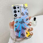 Per Samsung Galaxy S22 Ultra 5G Custodia per telefono con farfalla laser galvanica con cinturino da polso (farfalle nere AB5)