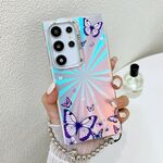 Per Samsung Galaxy S22 Ultra 5G Custodia per telefono con farfalla laser galvanica con cinturino da polso (farfalle viola AB3)