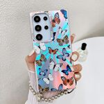 Per Samsung Galaxy S22 Ultra 5G Custodia per telefono con farfalla laser galvanica con cinturino da polso (farfalle colorate AB1)