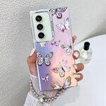 Per Samsung Galaxy S23 FE 5G Custodia per telefono con farfalla laser galvanica con cinturino da polso (farfalle rosa AB2)
