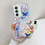 Per Samsung Galaxy S23 FE 5G Custodia per telefono con farfalla laser galvanica con cinturino da polso (farfalle blu AB4)
