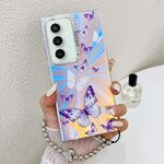 Per Samsung Galaxy S23 FE 5G Custodia per telefono con farfalla laser galvanica con cinturino da polso (farfalle bianche viola AB6)