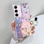 Per Samsung Galaxy S23+ 5G Custodia per telefono con farfalla laser galvanica con cinturino da polso (farfalle rosa AB2)