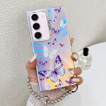 Per Samsung Galaxy S23+ 5G Custodia per telefono con farfalla laser galvanica con cinturino da polso (farfalle bianche viola AB6)