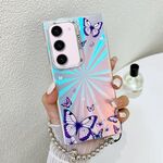 Per Samsung Galaxy S23+ 5G Custodia per telefono con farfalla laser galvanica con cinturino da polso (farfalle viola AB3)