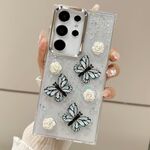 Per Samsung Galaxy S22 Ultra 5G Custodia per telefono in TPU con glitter a farfalla tridimensionale (blu)