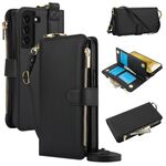 Custodia per telefono in pelle a portafoglio multifunzionale con anello a tracolla per Samsung Galaxy S22 5G (nera)