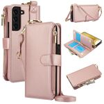 Per Samsung Galaxy S22 5G Custodia a tracolla multifunzionale in pelle con anello a tracolla (oro rosa)