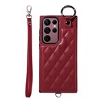 Custodia per telefono con custodia per carta con texture rombica per Samsung Galaxy S22 Ultra 5G con cordino corto (rosso vino)