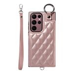 Per Samsung Galaxy S22 Ultra 5G Custodia per cellulare con texture rombica con cordino corto (oro rosa)
