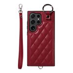 Custodia per telefono con custodia per carta con texture rombica per Samsung Galaxy S24 Ultra 5G con cordino corto (rosso vino)