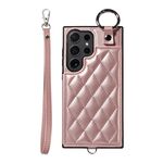 Per Samsung Galaxy S24 Ultra 5G Custodia per cellulare con texture rombica con cordino corto (oro rosa)