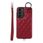 Custodia per telefono con custodia per carta con texture rombica per Samsung Galaxy S23+ 5G con cordino corto (rosso vino)