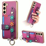 Per Samsung Galaxy S23+ 5G Custodia per telefono con cinturino per scheda di fiori stereoscopici (viola)