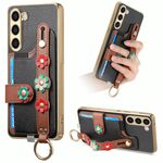 Per Samsung Galaxy S23+ 5G Custodia per telefono con cinturino per scheda di fiori stereoscopici (nero)
